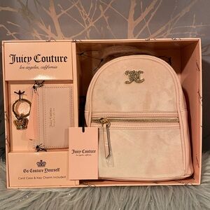 BNWT JUICY COUTURE Pink Diamond Velour Backpack Card Case and Keychain Gift Box